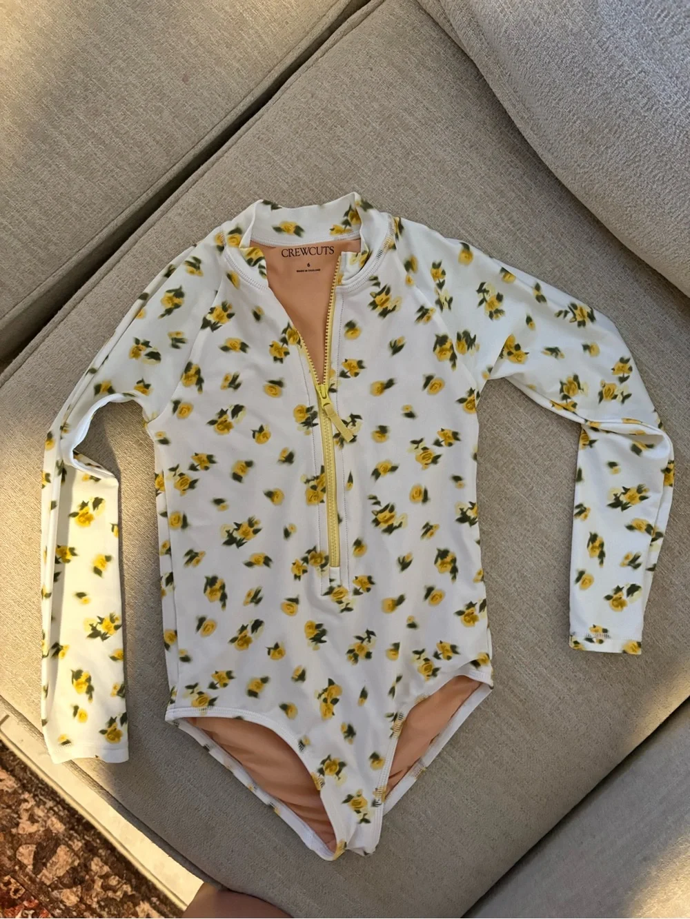 NWOT Crewcuts 6  White Floral Zip Long-Sleeve Swimsuit with Yellow Roses